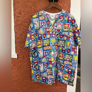 PEACHES Scrub Top Nurse Dental Pediatric Vet Tech RETRO Pink Polka Dot Medium